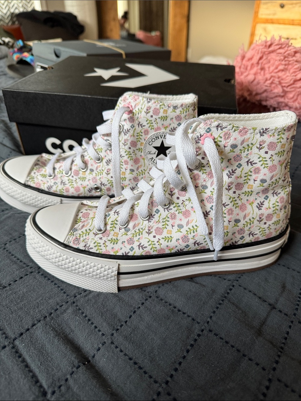 Girls Converse High-Top Floral Canvas Sneakers - White with Pink & Green Accents